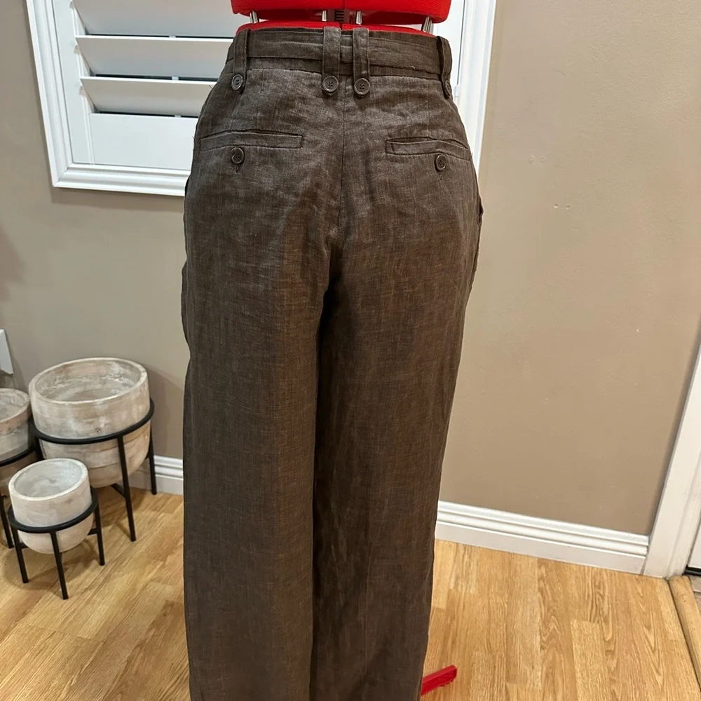 H&M Brown Linen-Blend Straight-Leg Pants with Self Tie Belt